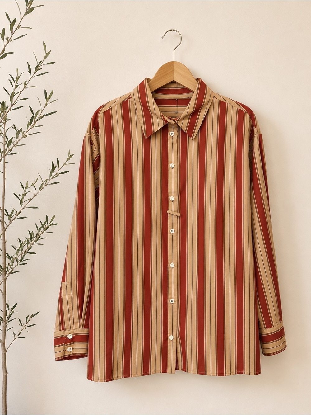 Zara Red and Tan Striped Button-Down Shirt